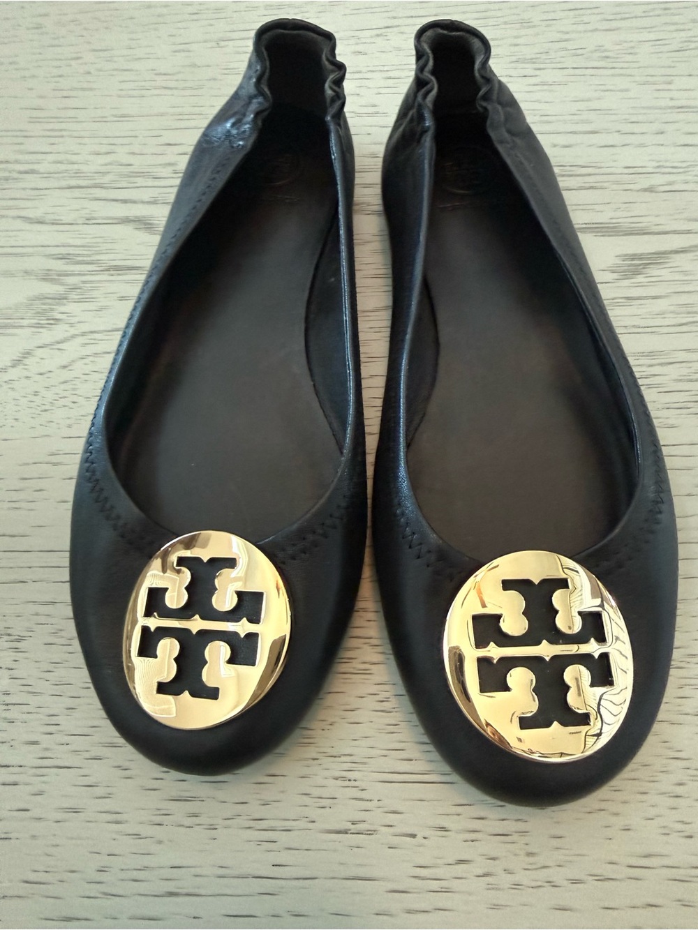 Tory Burch Black Leather Ballet Flats with Gold Logo Medallions